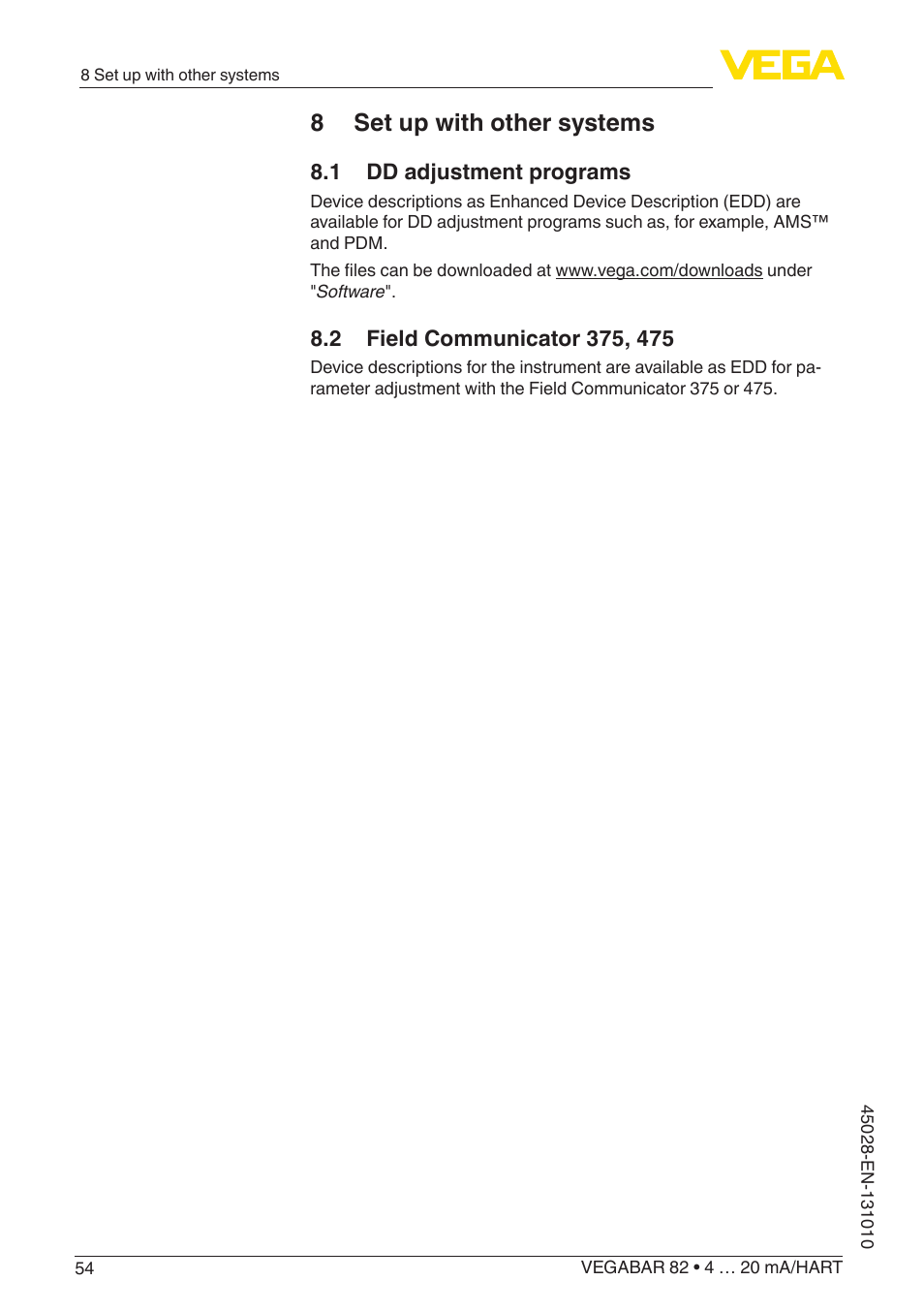 8 set up with other systems, 1 dd adjustment programs, 2 field communicator 375, 475 | VEGA VEGABAR 82 4 … 20 mA_HART - Operating Instructions User Manual | Page 54 / 88