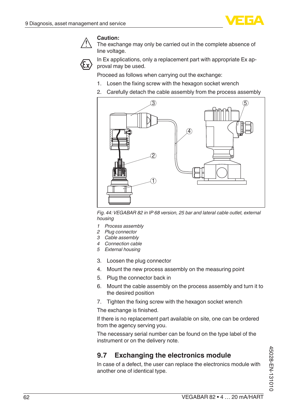 7 exchanging the electronics module | VEGA VEGABAR 82 4 … 20 mA_HART - Operating Instructions User Manual | Page 62 / 88