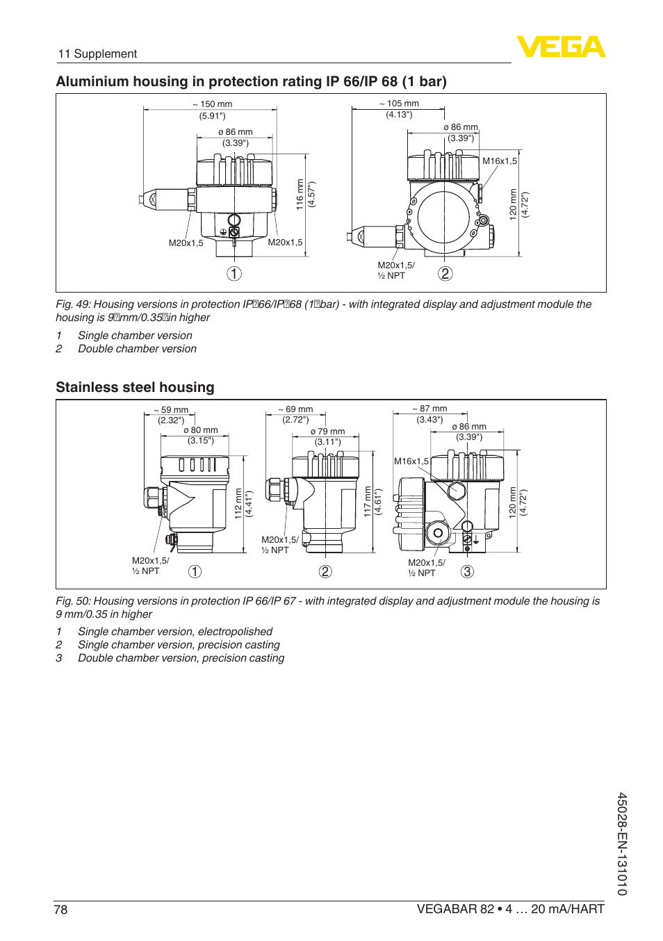 Stainless steel housing | VEGA VEGABAR 82 4 … 20 mA_HART - Operating Instructions User Manual | Page 78 / 88