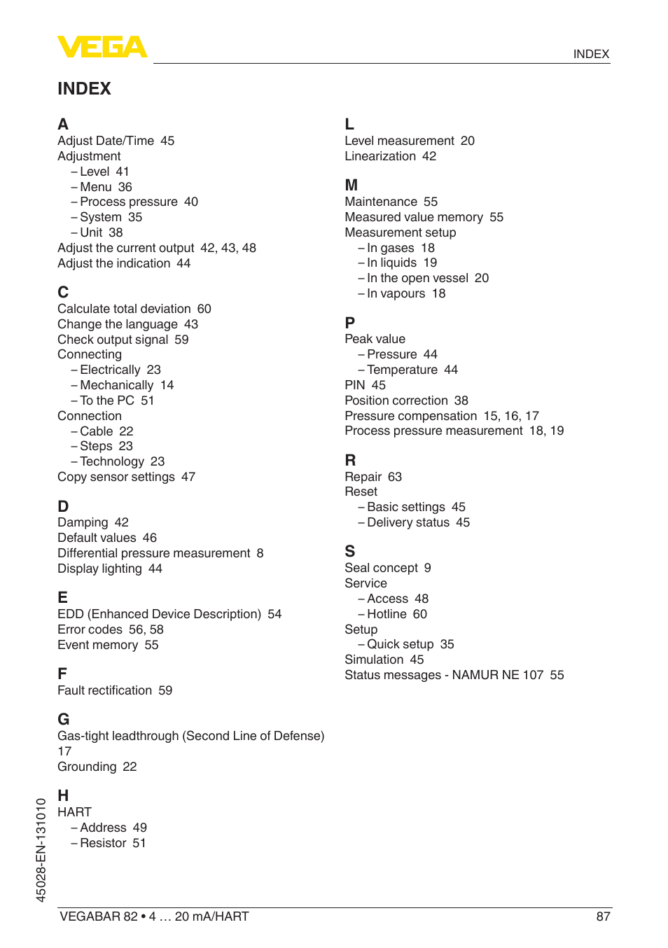 Index | VEGA VEGABAR 82 4 … 20 mA_HART - Operating Instructions User Manual | Page 87 / 88