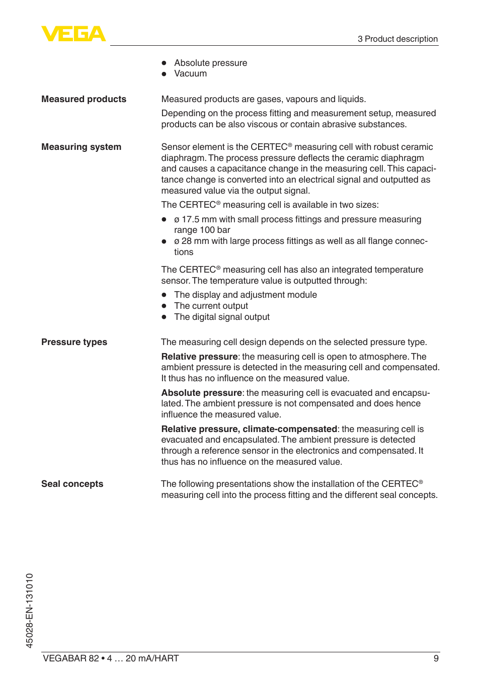 VEGA VEGABAR 82 4 … 20 mA_HART - Operating Instructions User Manual | Page 9 / 88