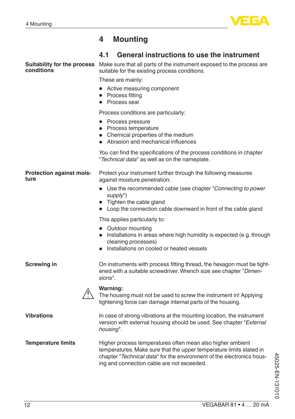 4 mounting, 1 general instructions to use the instrument | VEGA VEGABAR 81 4 … 20 mA - Operating Instructions User Manual | Page 12 / 76