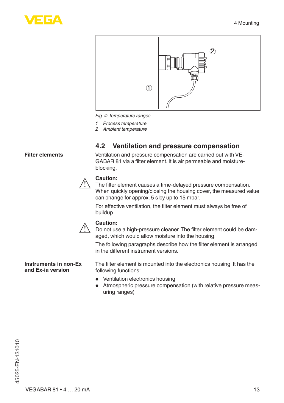 2 ventilation and pressure compensation | VEGA VEGABAR 81 4 … 20 mA - Operating Instructions User Manual | Page 13 / 76