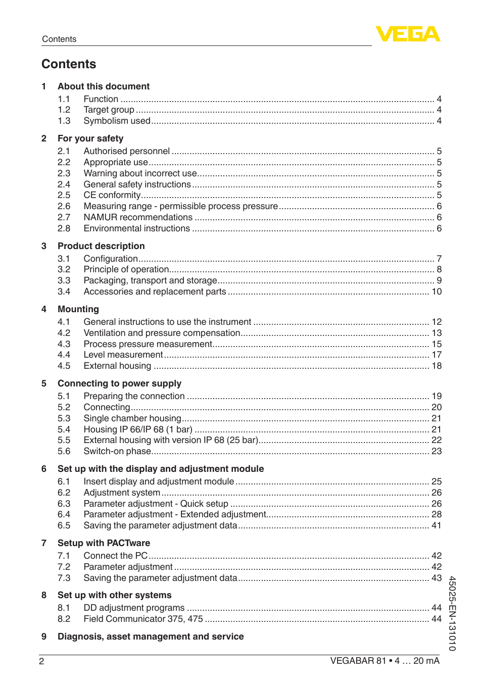 VEGA VEGABAR 81 4 … 20 mA - Operating Instructions User Manual | Page 2 / 76