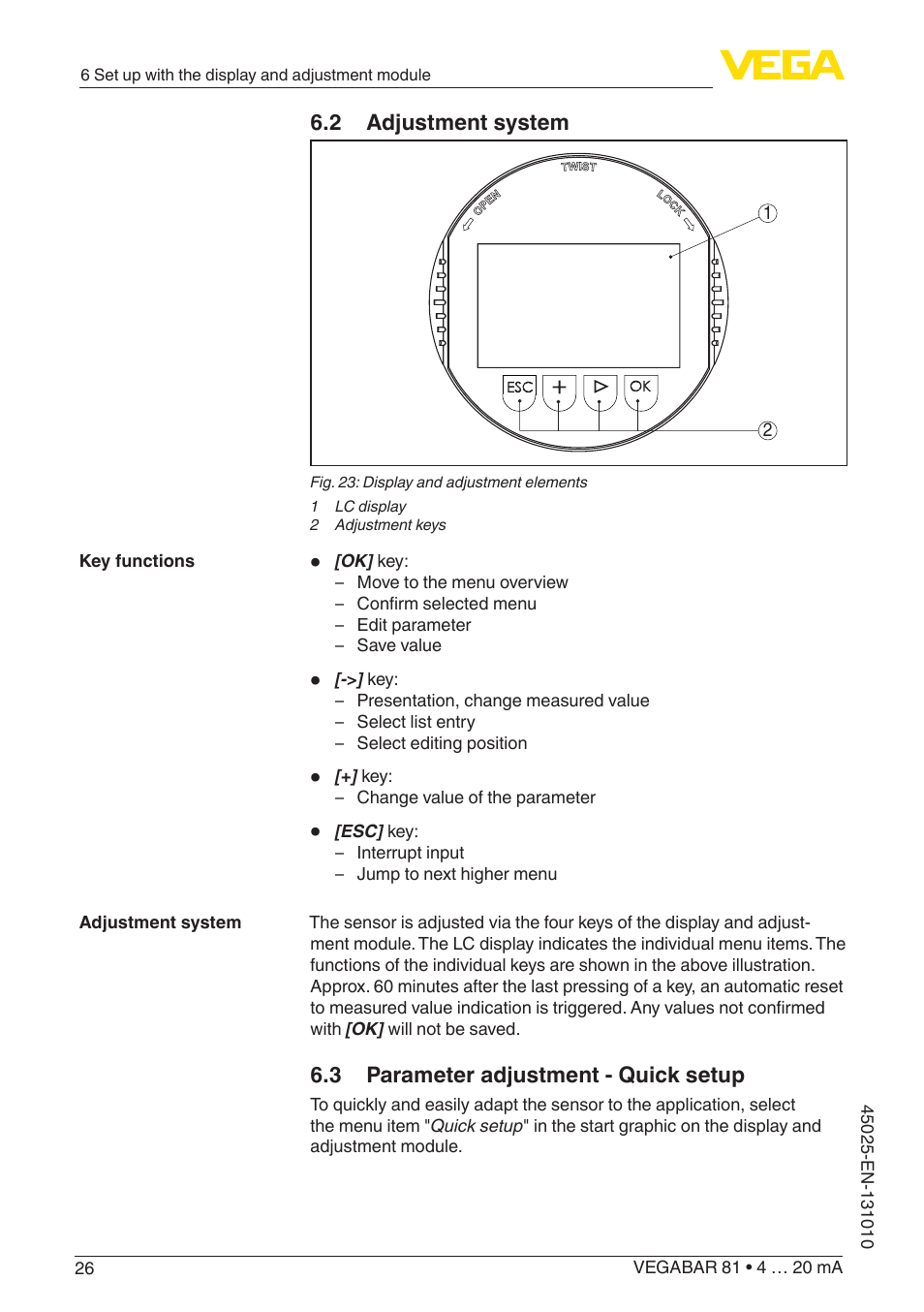 2 adjustment system, 3 parameter adjustment - quick setup | VEGA VEGABAR 81 4 … 20 mA - Operating Instructions User Manual | Page 26 / 76