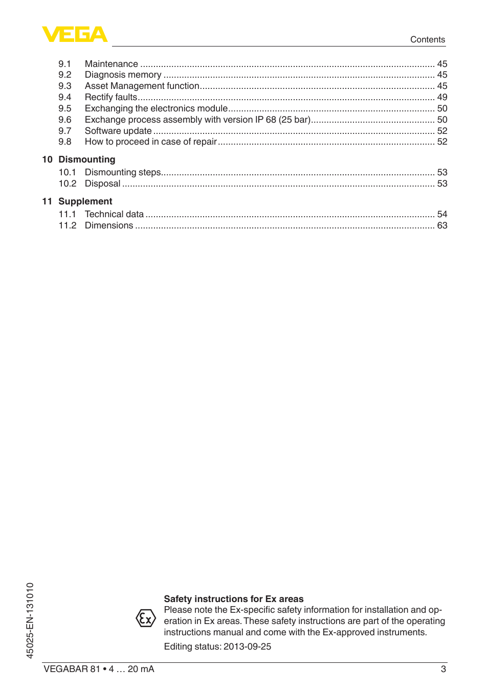 VEGA VEGABAR 81 4 … 20 mA - Operating Instructions User Manual | Page 3 / 76