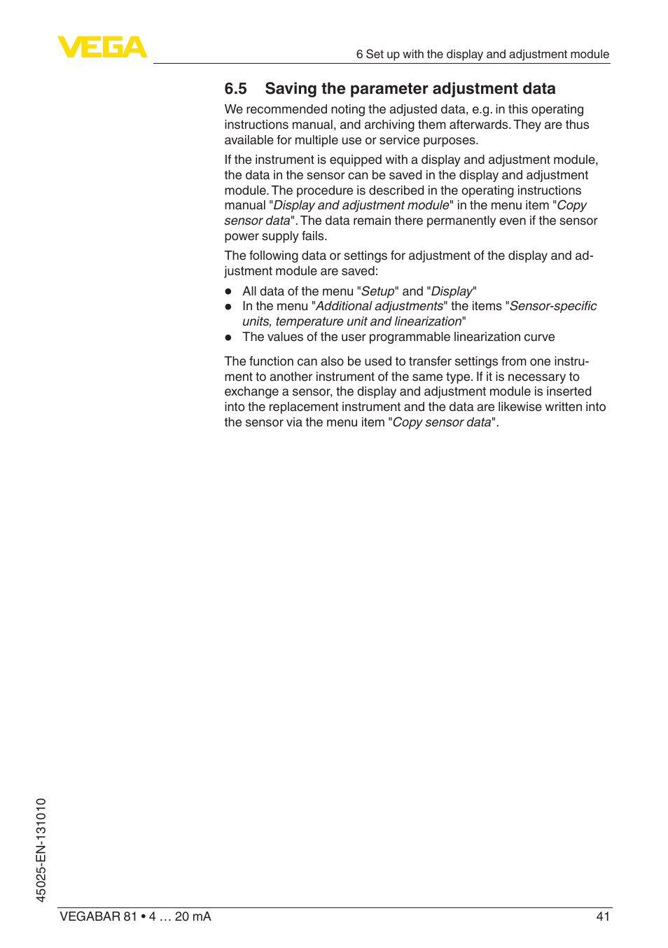 5 saving the parameter adjustment data | VEGA VEGABAR 81 4 … 20 mA - Operating Instructions User Manual | Page 41 / 76