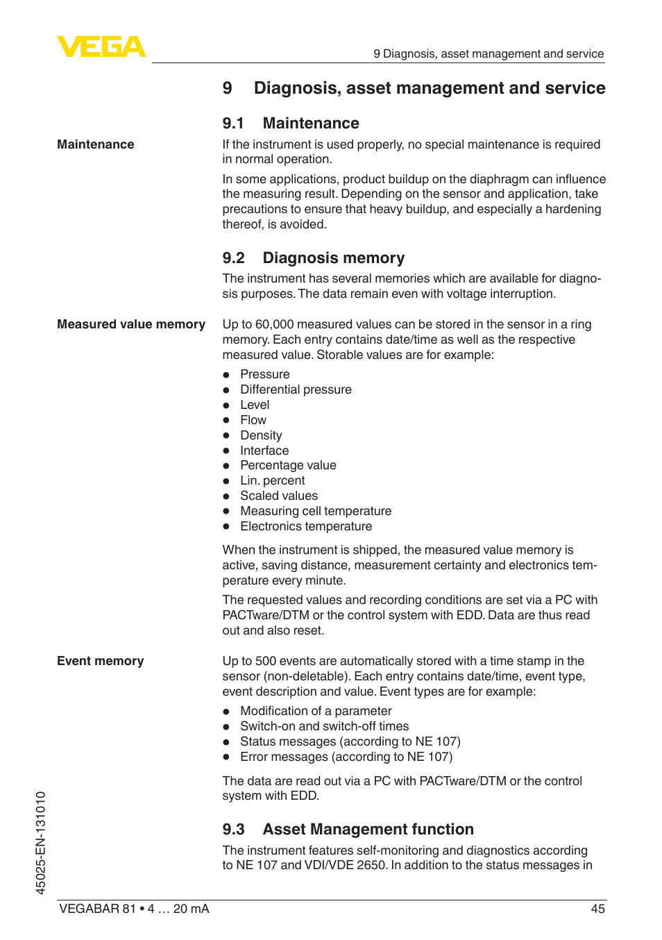 9 diagnosis, asset management and service, 1 maintenance, 2 diagnosis memory | 3 asset management function | VEGA VEGABAR 81 4 … 20 mA - Operating Instructions User Manual | Page 45 / 76