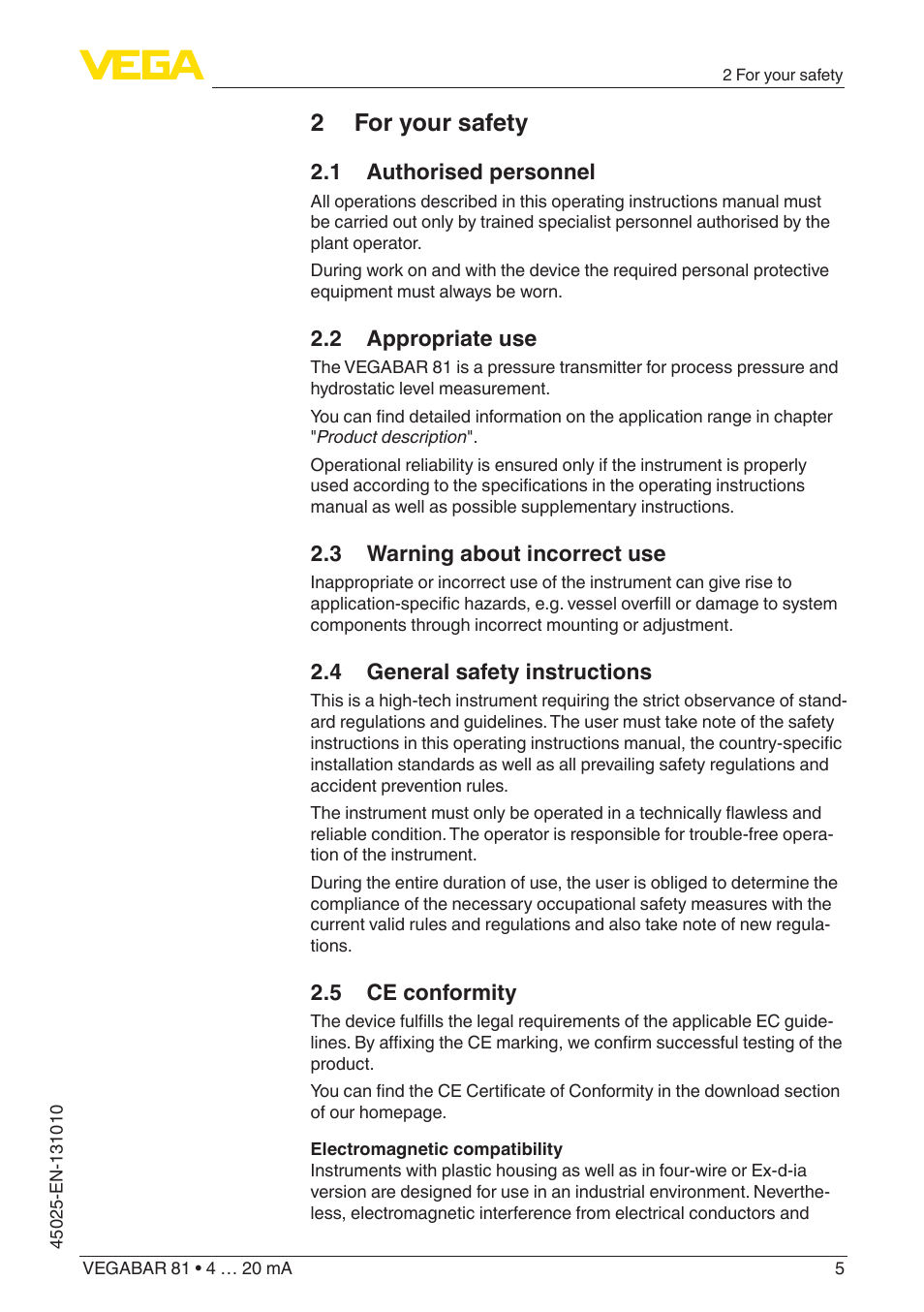 2 for your safety, 1 authorised personnel, 2 appropriate use | 3 warning about incorrect use, 4 general safety instructions, 5 ce conformity | VEGA VEGABAR 81 4 … 20 mA - Operating Instructions User Manual | Page 5 / 76