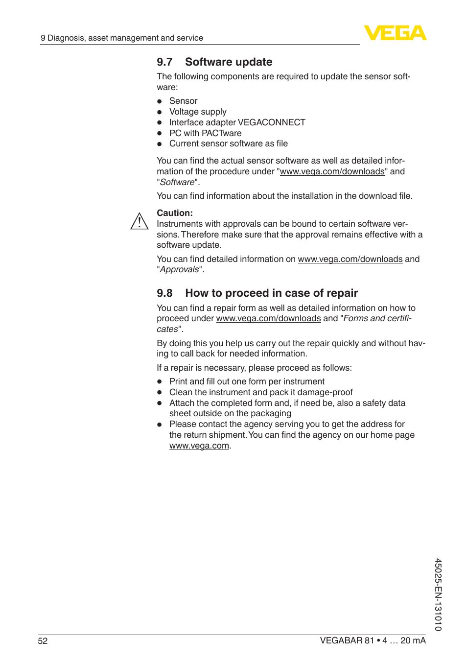 7 software update, 8 how to proceed in case of repair | VEGA VEGABAR 81 4 … 20 mA - Operating Instructions User Manual | Page 52 / 76