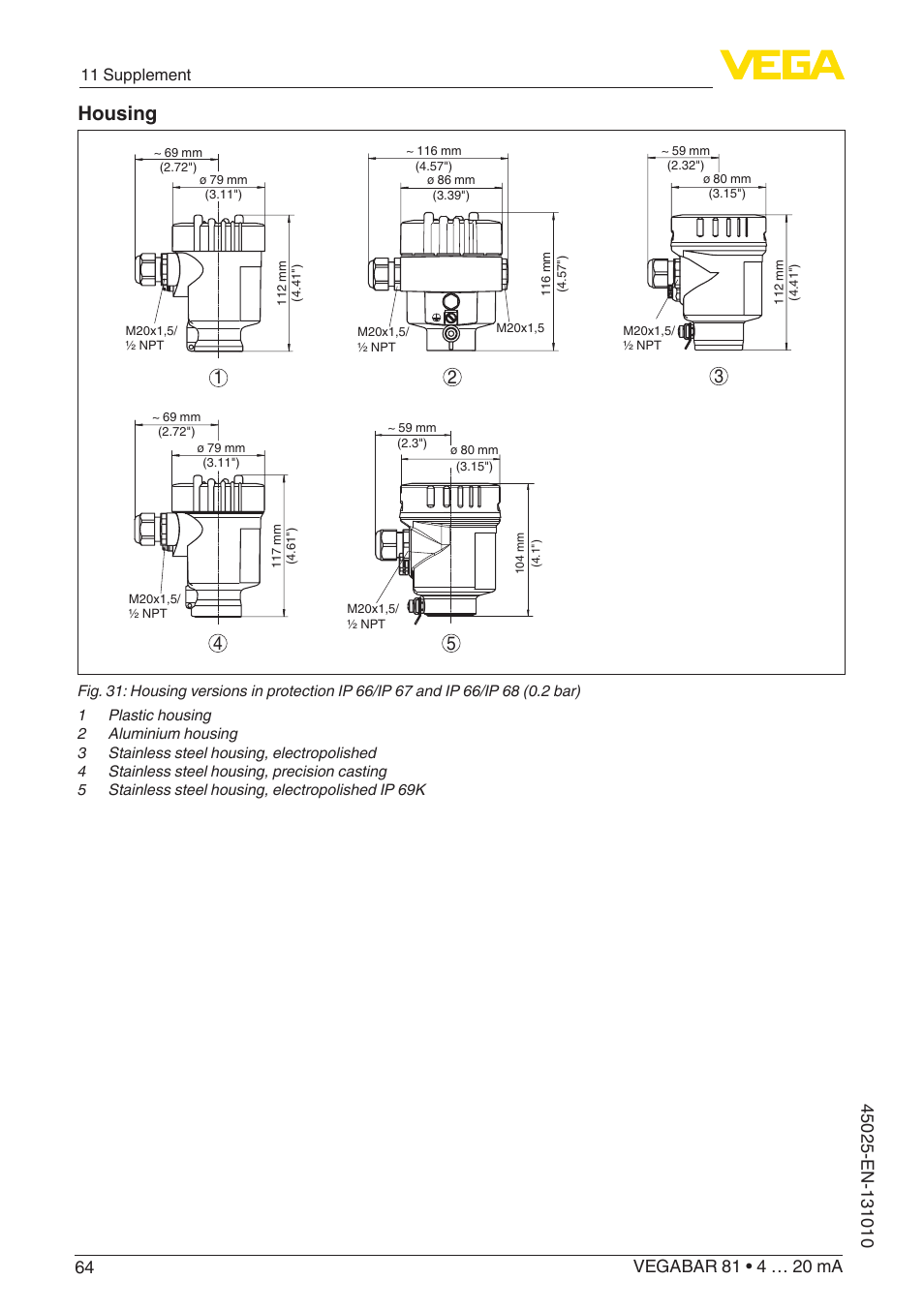 Housing, 11 supplement | VEGA VEGABAR 81 4 … 20 mA - Operating Instructions User Manual | Page 64 / 76