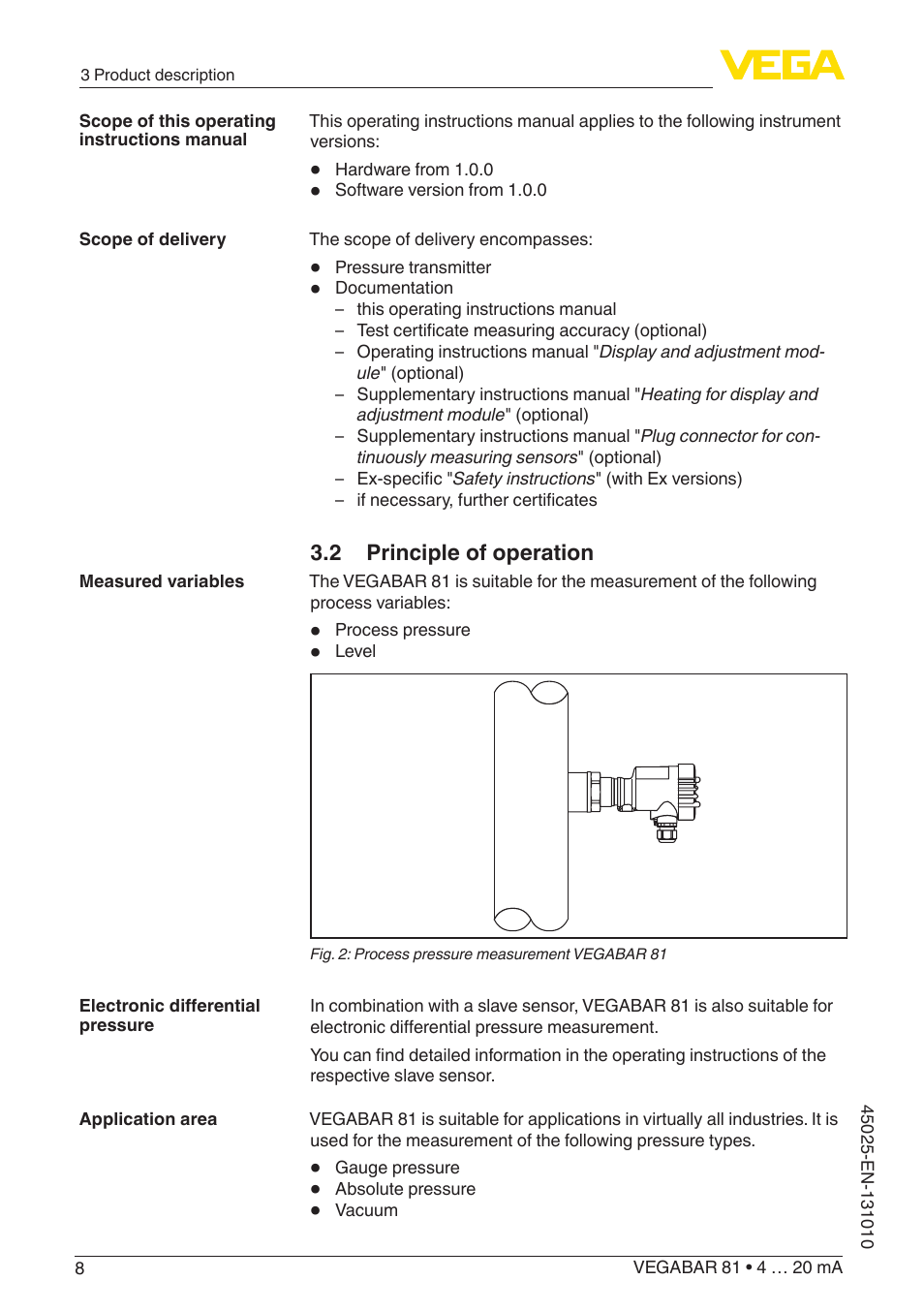 2 principle of operation | VEGA VEGABAR 81 4 … 20 mA - Operating Instructions User Manual | Page 8 / 76