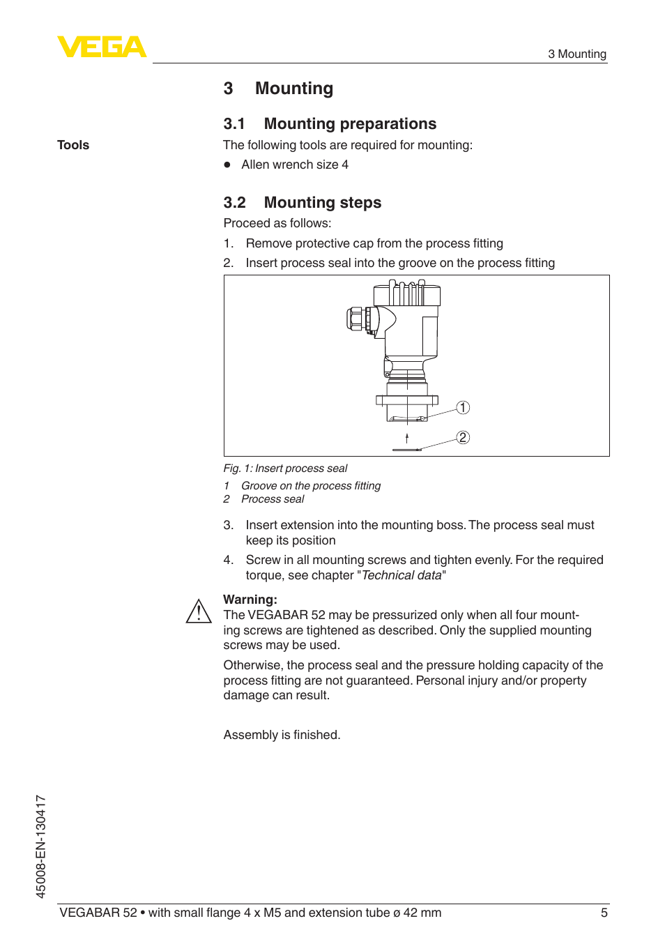 3 mounting | VEGA VEGABAR 52 with small flange 4 x M5 and extension tube ø 42 mm User Manual | Page 5 / 8
