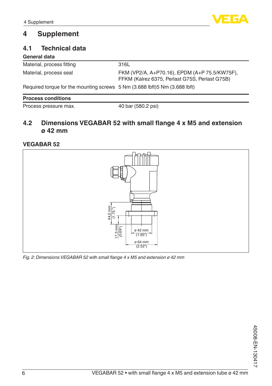4 supplement, 1 technical data | VEGA VEGABAR 52 with small flange 4 x M5 and extension tube ø 42 mm User Manual | Page 6 / 8