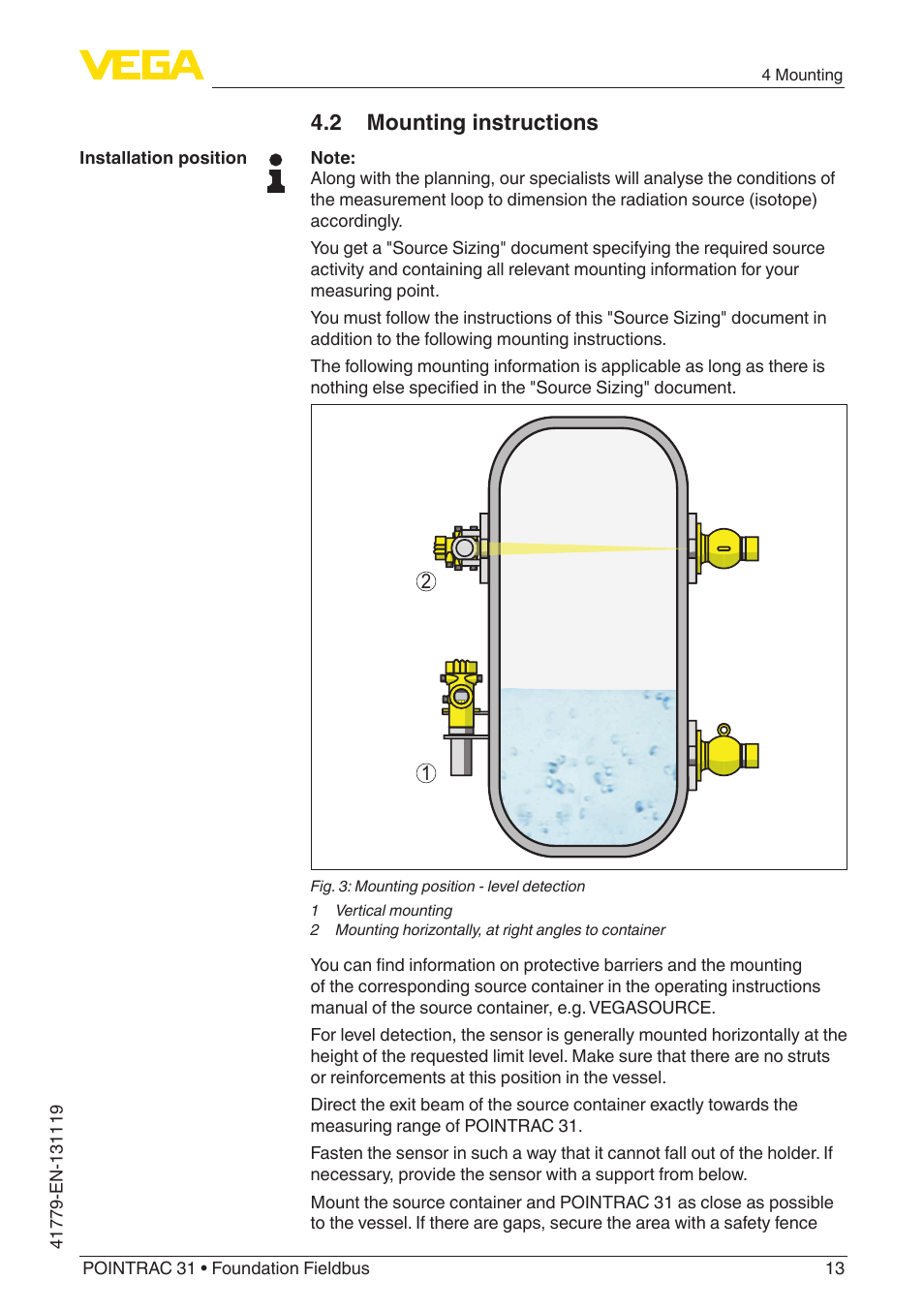 2 mounting instructions | VEGA POINTRAC 31 Foundation Fieldbus User Manual | Page 13 / 60