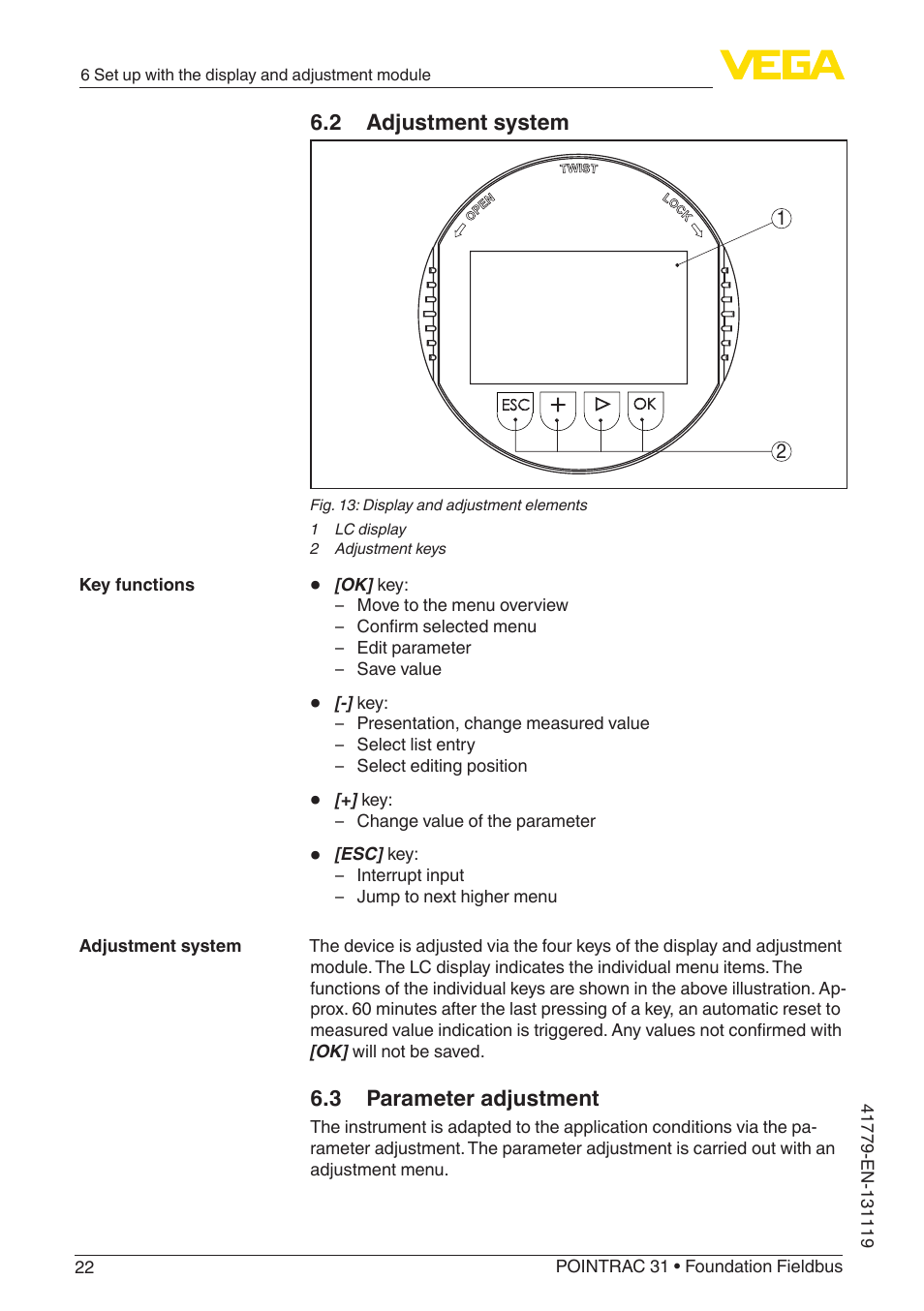 2 adjustment system, 3 parameter adjustment | VEGA POINTRAC 31 Foundation Fieldbus User Manual | Page 22 / 60