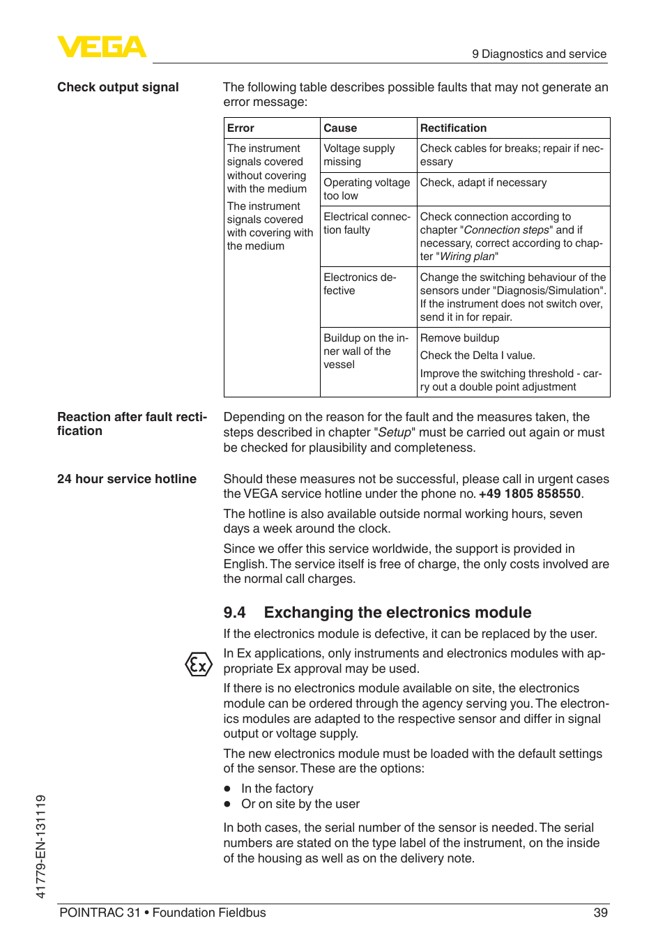 4 exchanging the electronics module | VEGA POINTRAC 31 Foundation Fieldbus User Manual | Page 39 / 60