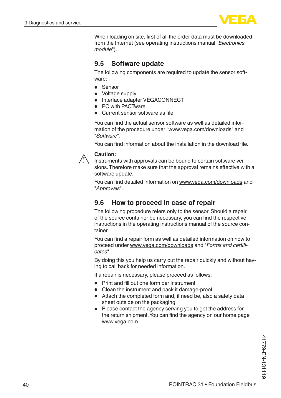 5 software update, 6 how to proceed in case of repair | VEGA POINTRAC 31 Foundation Fieldbus User Manual | Page 40 / 60