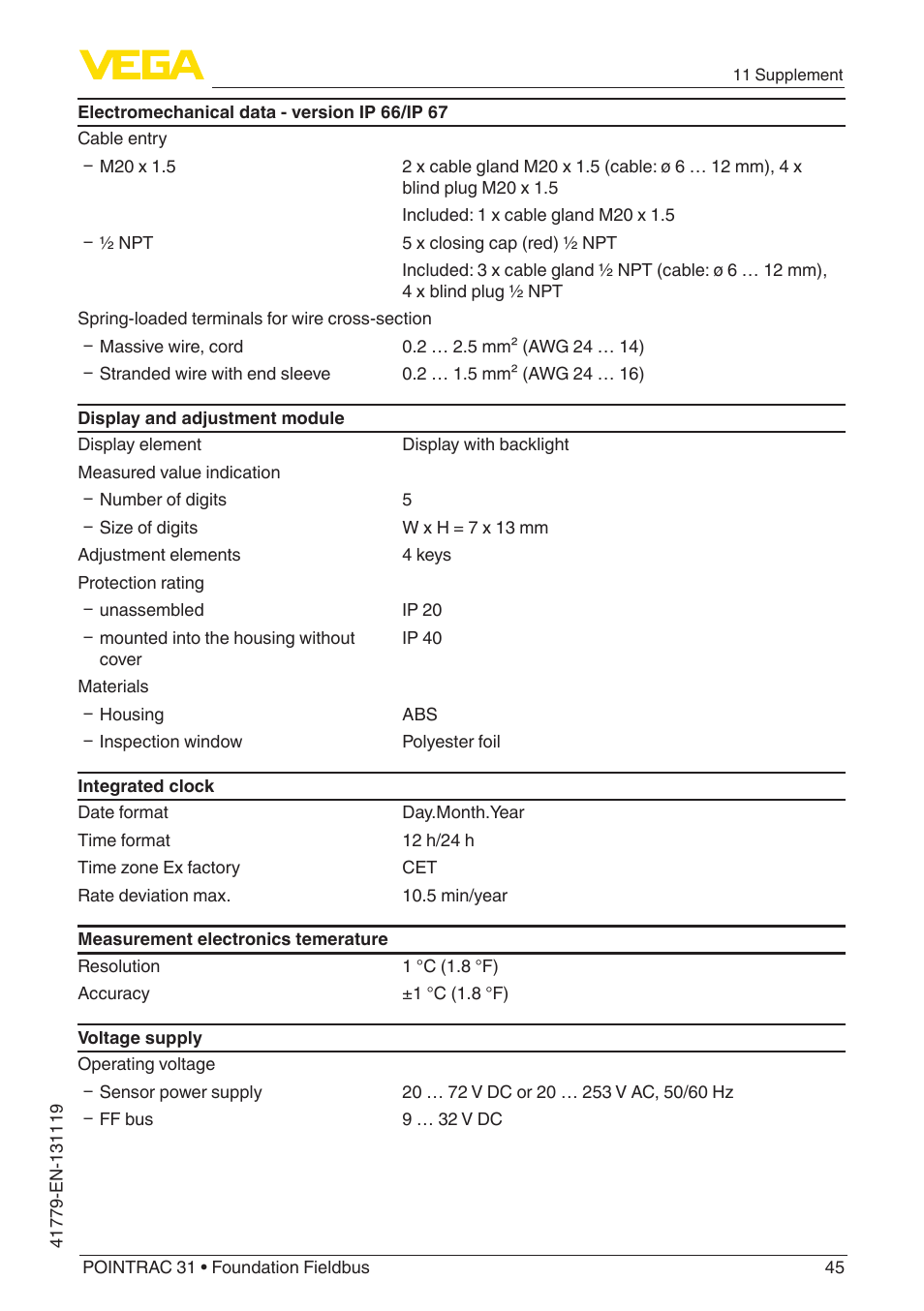 VEGA POINTRAC 31 Foundation Fieldbus User Manual | Page 45 / 60