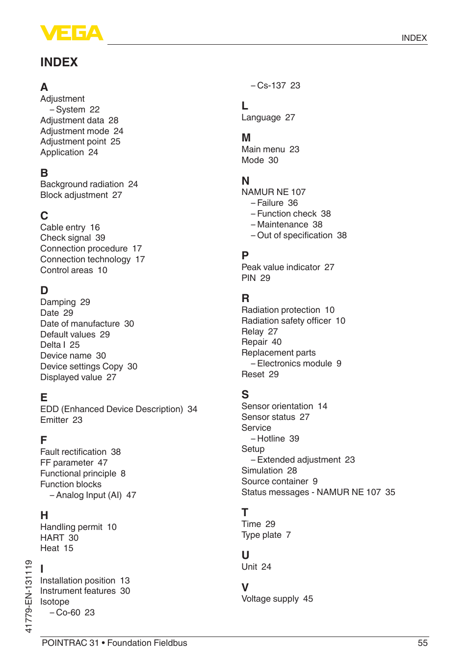 Index | VEGA POINTRAC 31 Foundation Fieldbus User Manual | Page 55 / 60