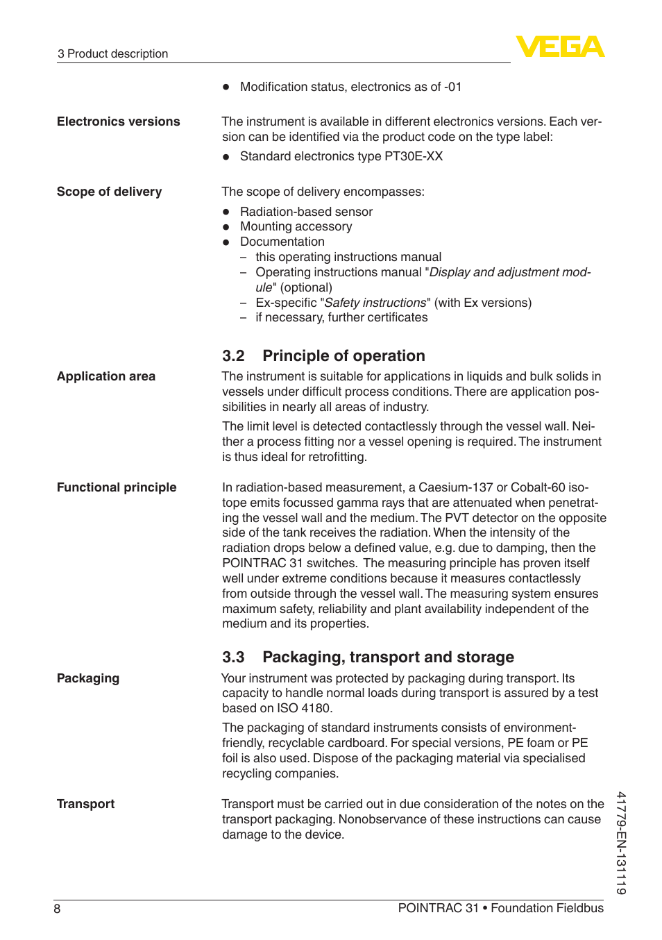 2 principle of operation, 3 packaging, transport and storage | VEGA POINTRAC 31 Foundation Fieldbus User Manual | Page 8 / 60
