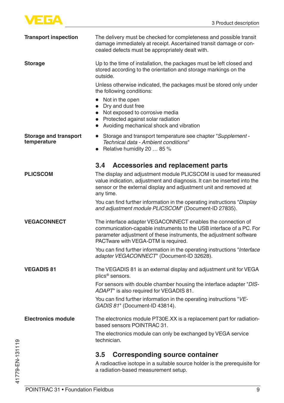 4 accessories and replacement parts, 5 corresponding source container | VEGA POINTRAC 31 Foundation Fieldbus User Manual | Page 9 / 60