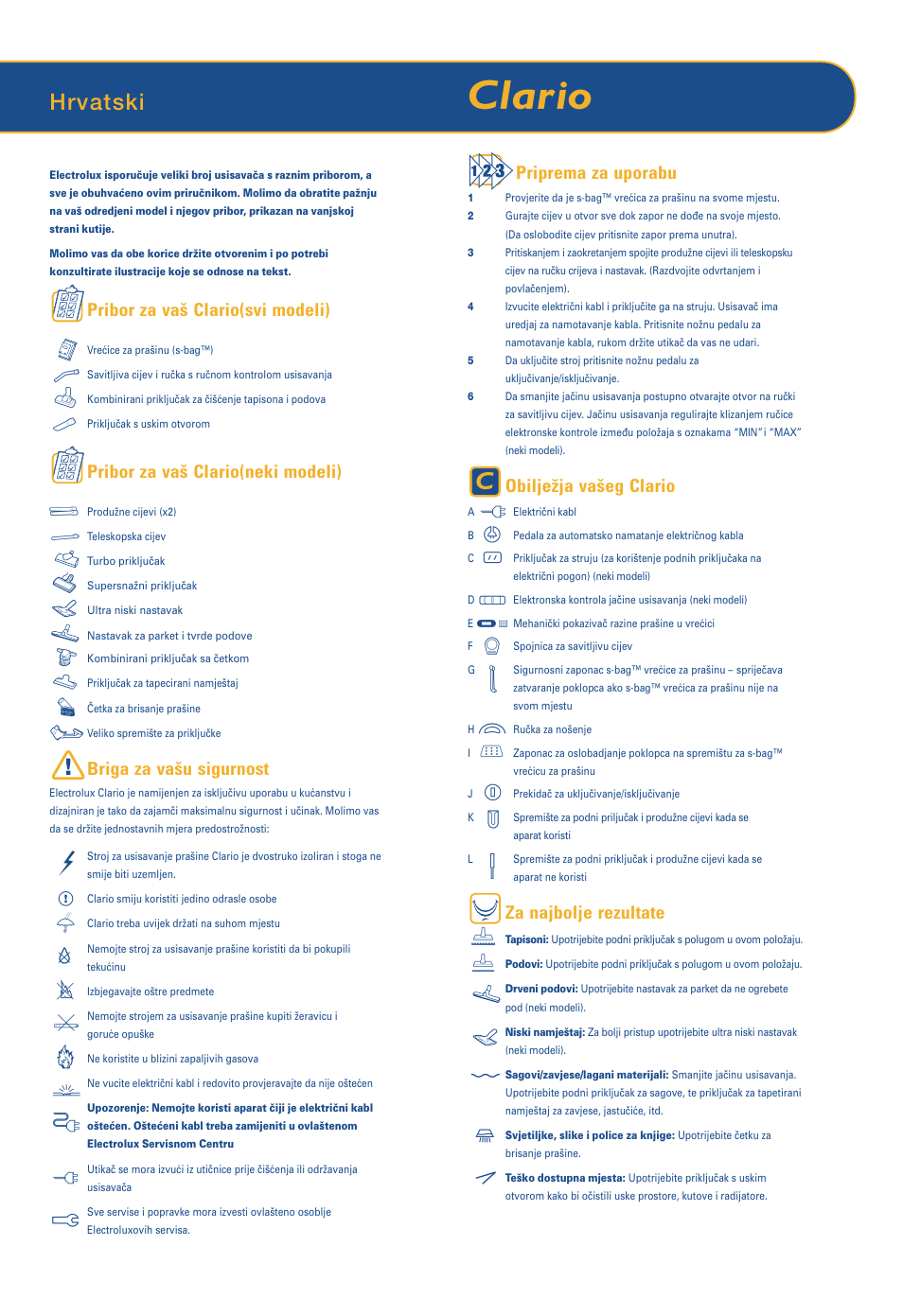 Clario, Hrvatski | Electrolux CLARIO Z 1943 User Manual | Page 6 / 17