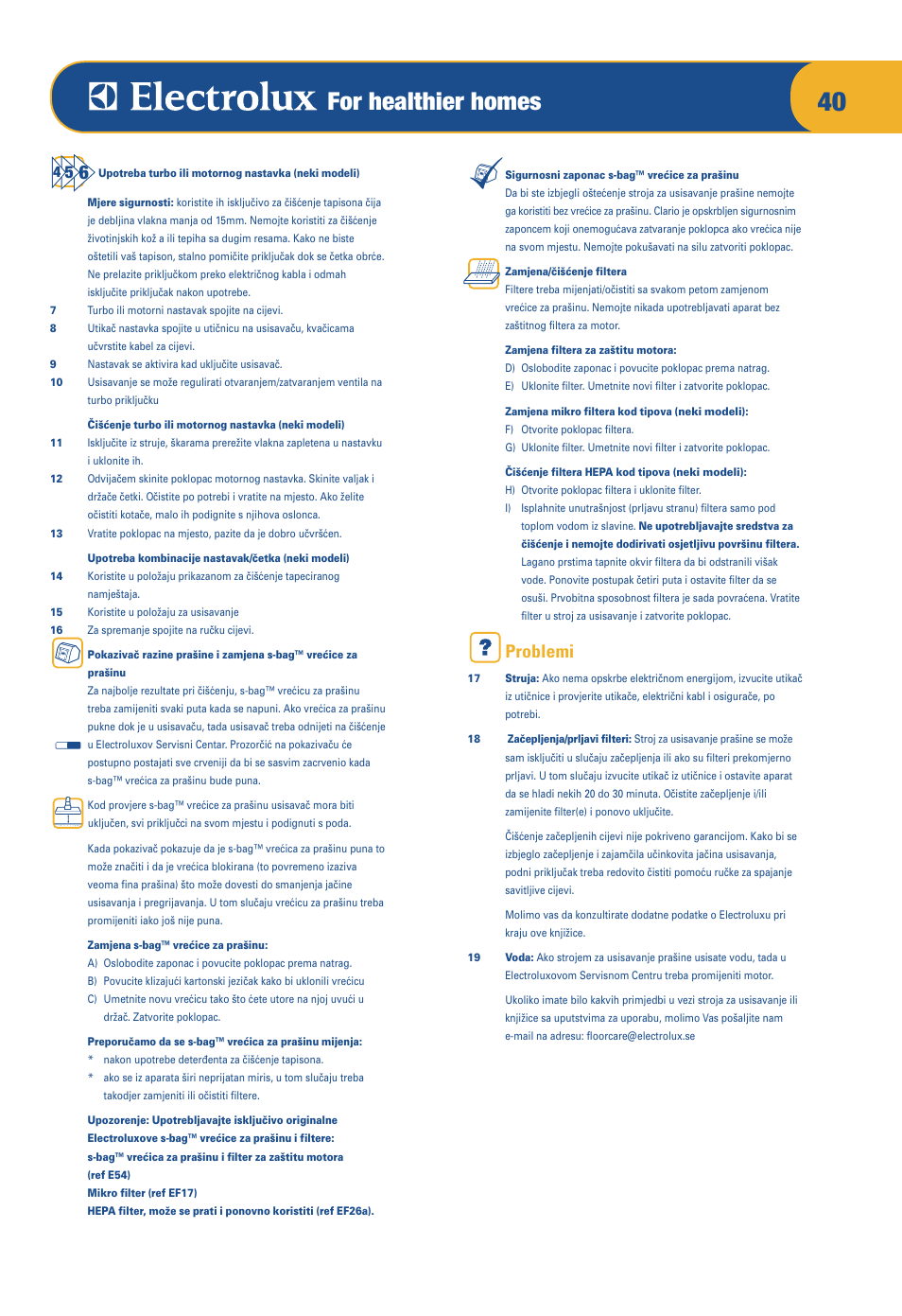 For healthier homes, Problemi | Electrolux CLARIO Z 1943 User Manual | Page 7 / 17