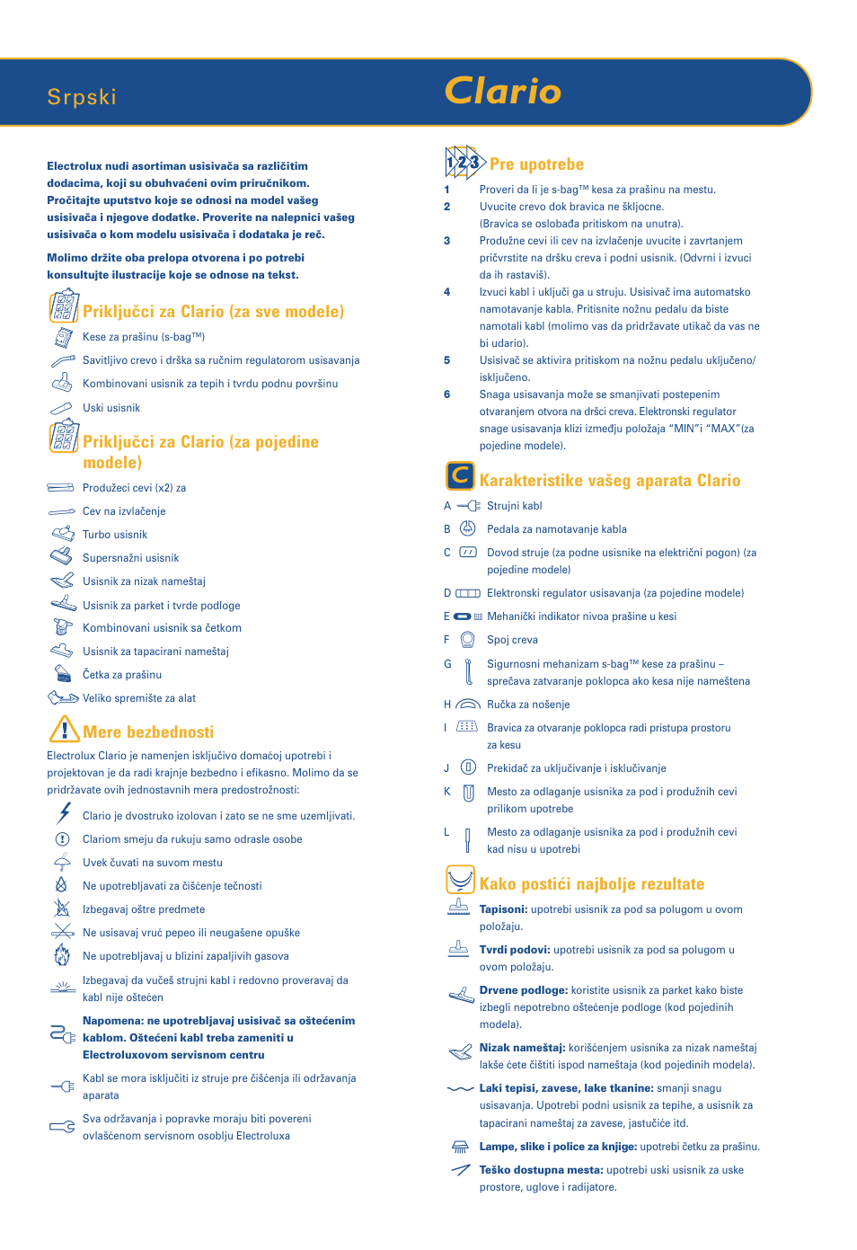 Clario, Srpski | Electrolux CLARIO Z 1943 User Manual | Page 8 / 17