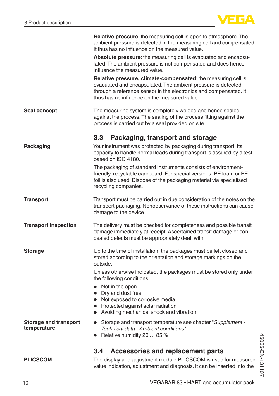 3 packaging, transport and storage, 4 accessories and replacement parts | VEGA VEGABAR 83 HART and accumulator pack - Operating Instructions User Manual | Page 10 / 72