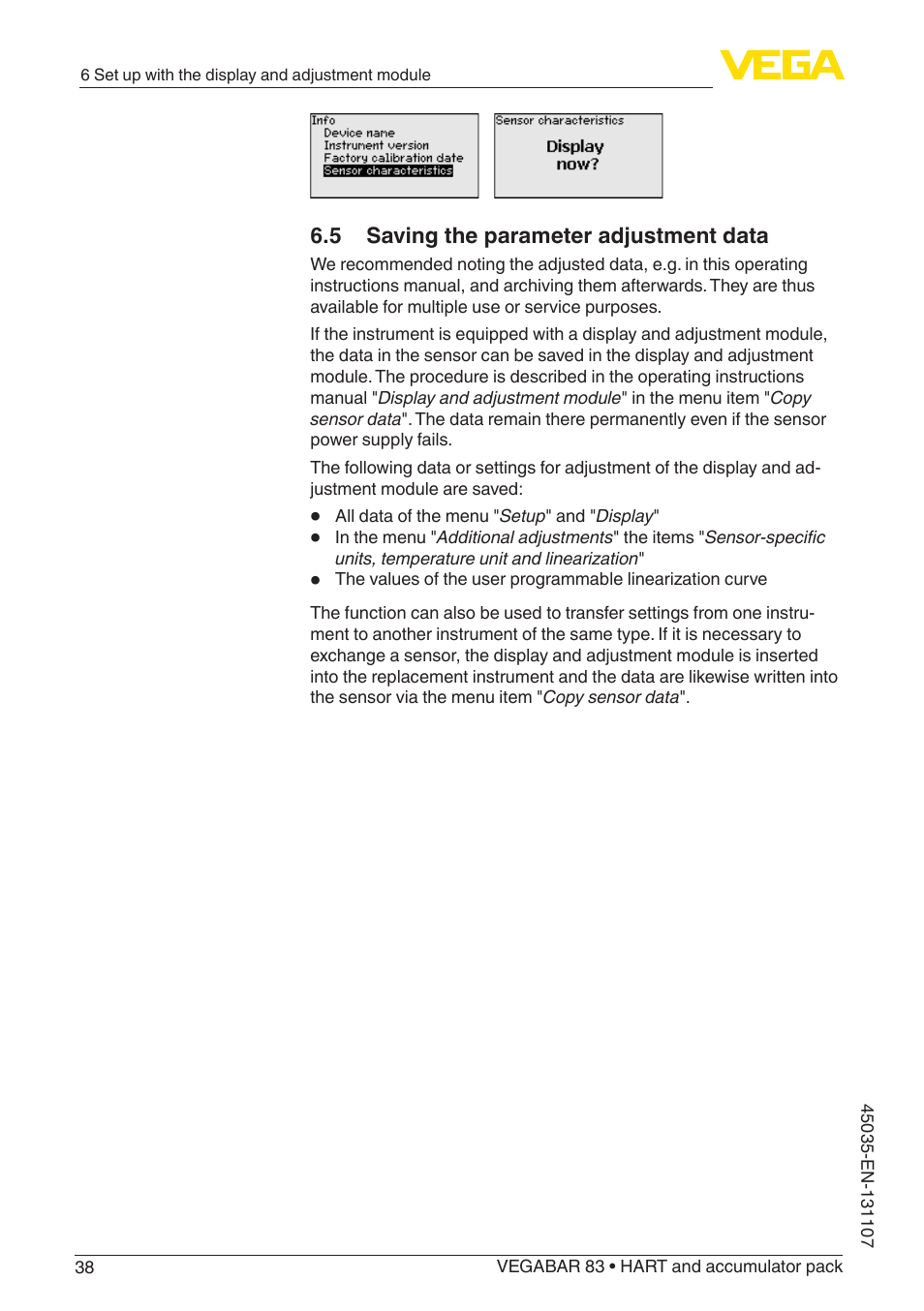 5 saving the parameter adjustment data | VEGA VEGABAR 83 HART and accumulator pack - Operating Instructions User Manual | Page 38 / 72