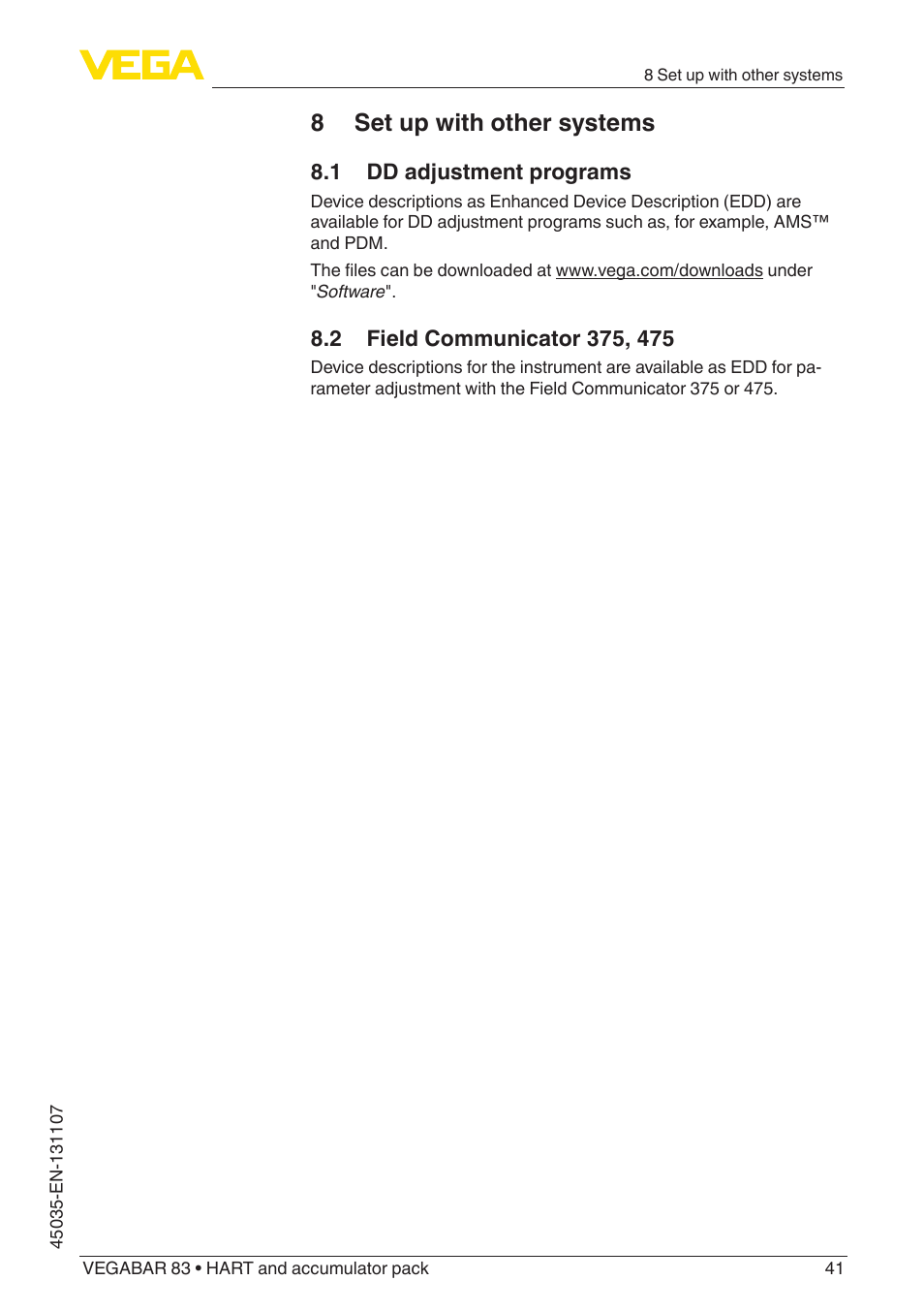 8 set up with other systems, 1 dd adjustment programs, 2 field communicator 375, 475 | VEGA VEGABAR 83 HART and accumulator pack - Operating Instructions User Manual | Page 41 / 72