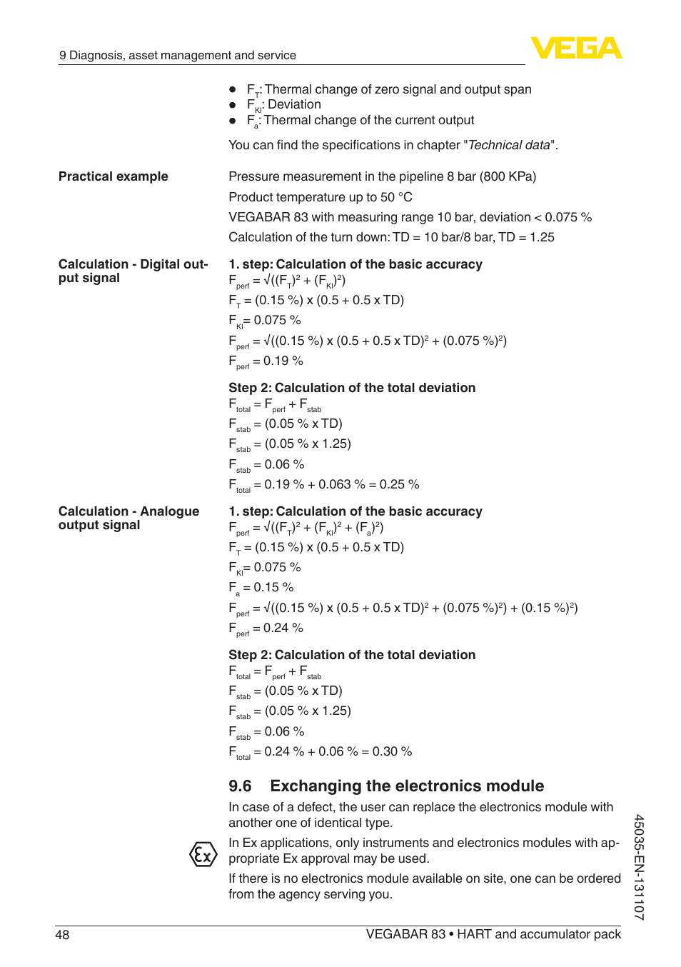 6 exchanging the electronics module | VEGA VEGABAR 83 HART and accumulator pack - Operating Instructions User Manual | Page 48 / 72