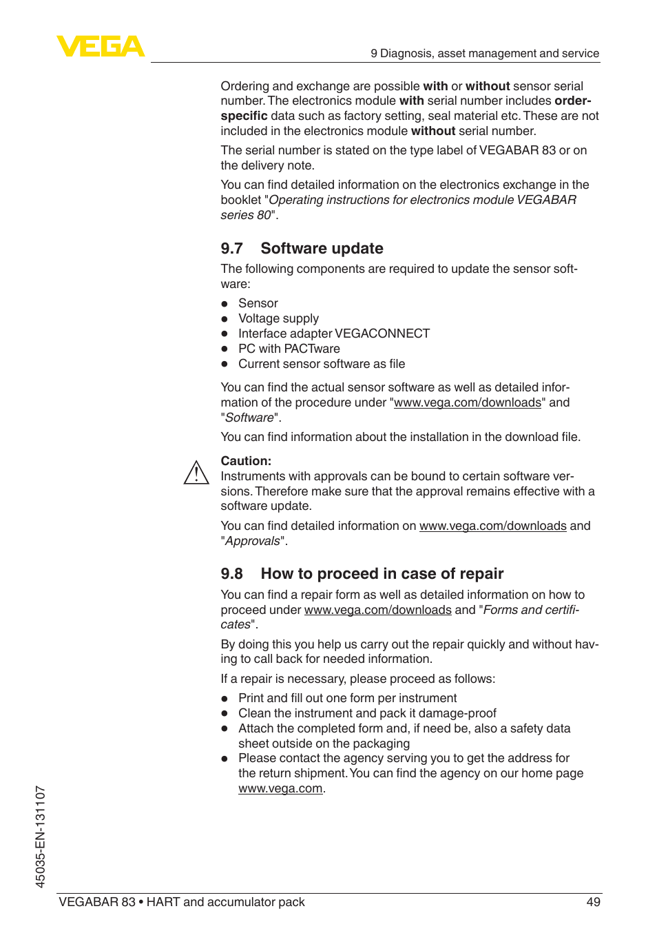 7 software update, 8 how to proceed in case of repair | VEGA VEGABAR 83 HART and accumulator pack - Operating Instructions User Manual | Page 49 / 72