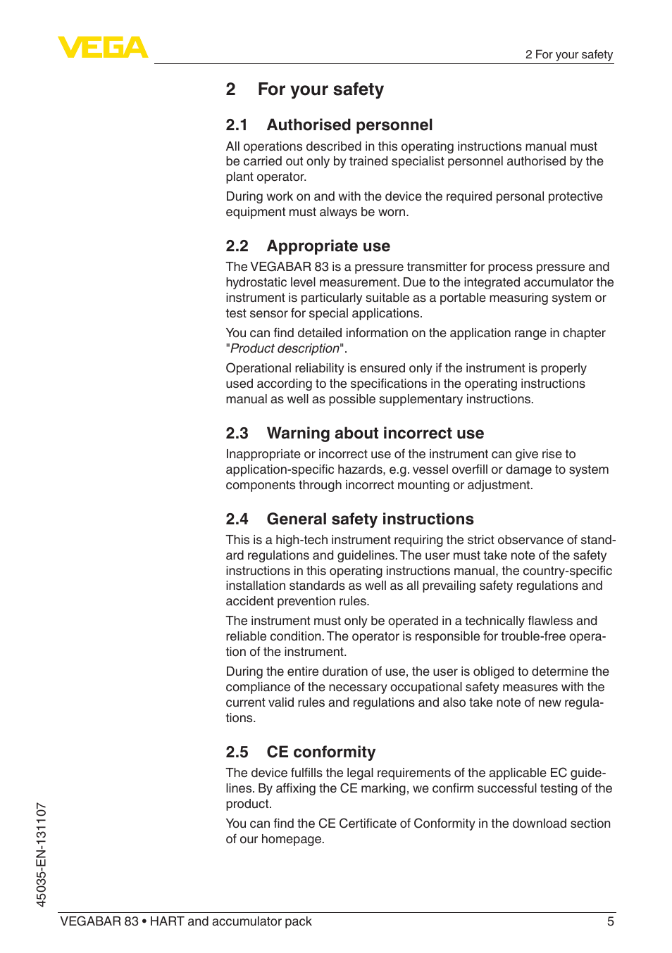 2 for your safety, 1 authorised personnel, 2 appropriate use | 3 warning about incorrect use, 4 general safety instructions, 5 ce conformity | VEGA VEGABAR 83 HART and accumulator pack - Operating Instructions User Manual | Page 5 / 72