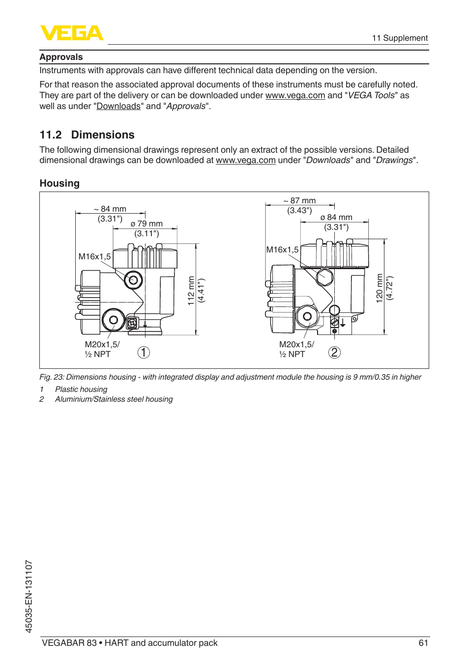 2 dimensions | VEGA VEGABAR 83 HART and accumulator pack - Operating Instructions User Manual | Page 61 / 72