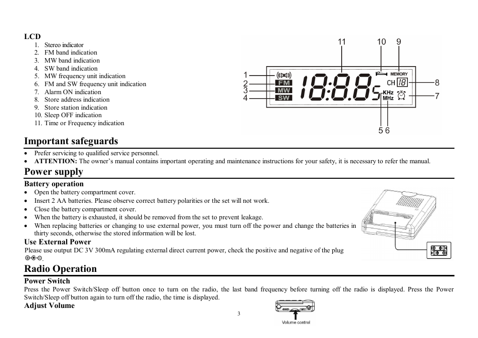 Important safeguards, Power supply, Radio operation | Hyundai H-1614 User Manual | Page 3 / 13