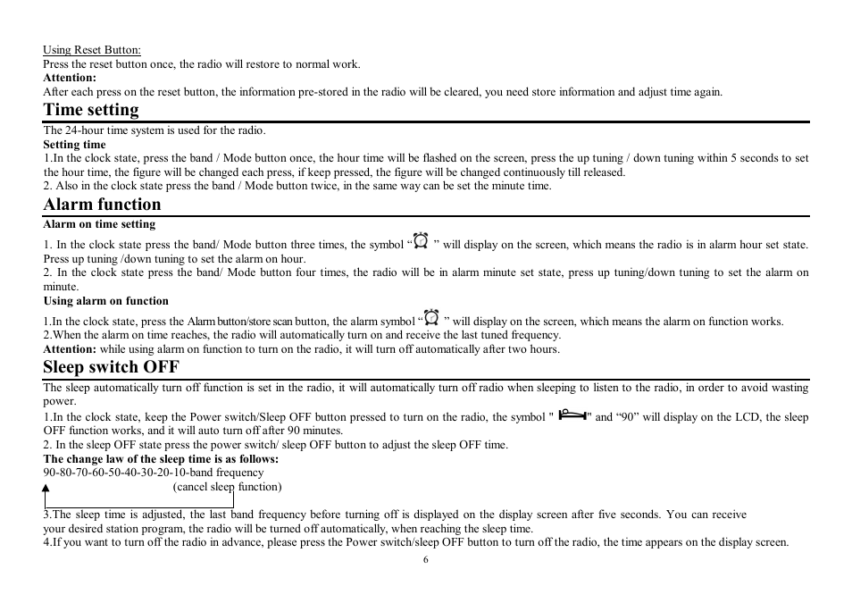 Time setting, Alarm function, Sleep switch off | Hyundai H-1614 User Manual | Page 6 / 13