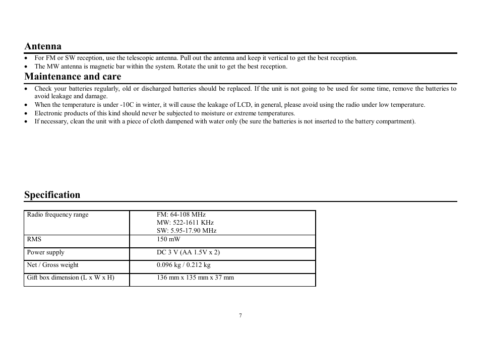 Antenna, Maintenance and care, Specification | Hyundai H-1614 User Manual | Page 7 / 13