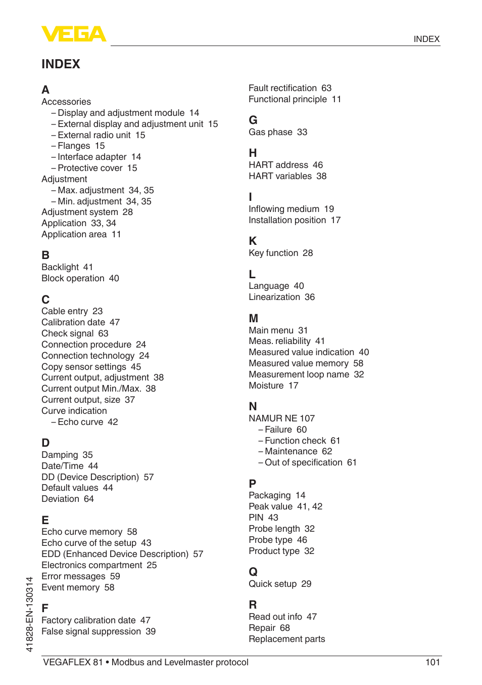 Index | VEGA VEGAFLEX 81 Modbus and Levelmaster protocol User Manual | Page 101 / 104