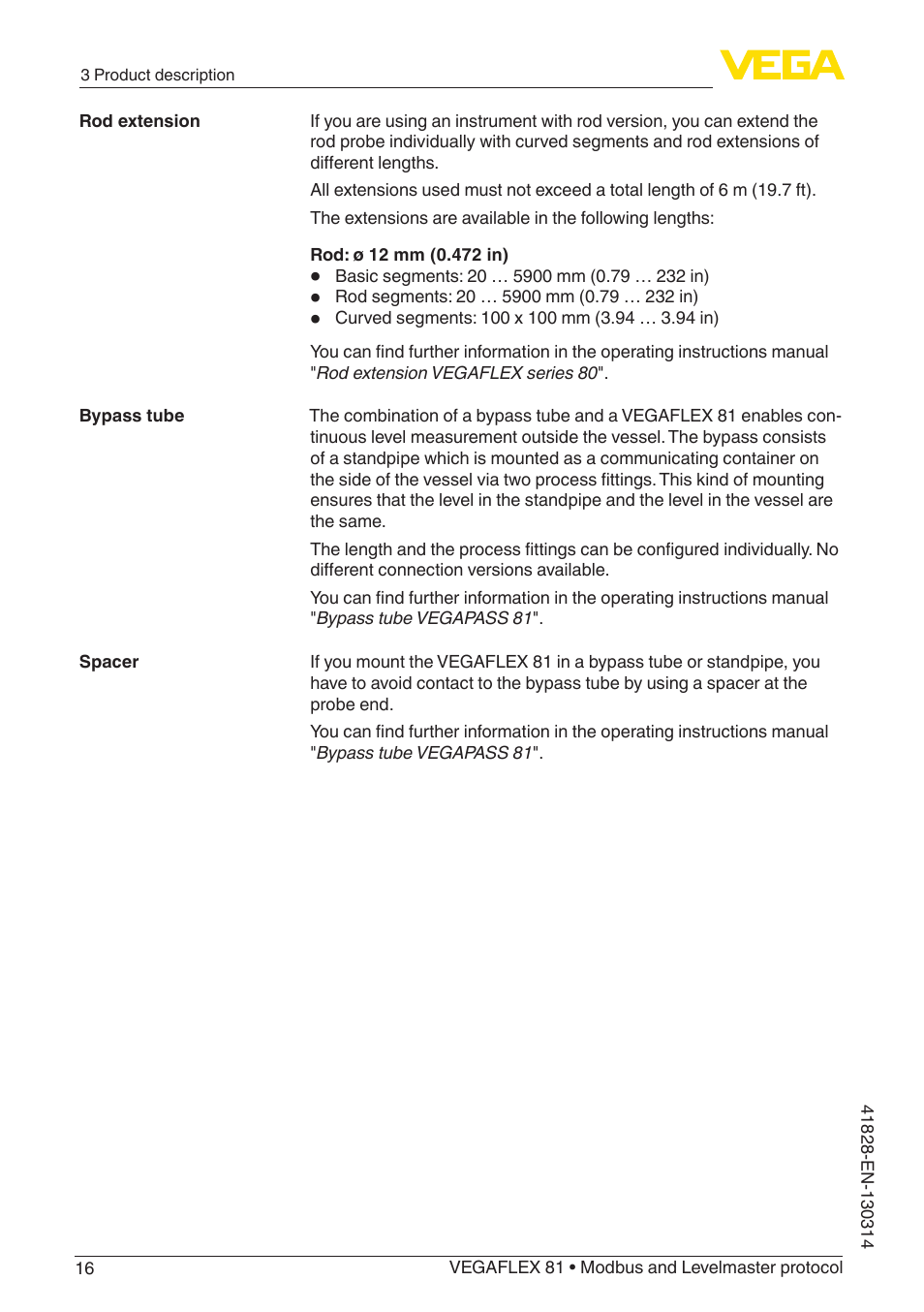 VEGA VEGAFLEX 81 Modbus and Levelmaster protocol User Manual | Page 16 / 104
