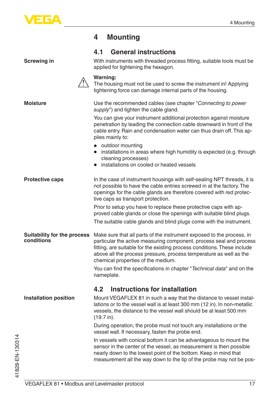 4 mounting | VEGA VEGAFLEX 81 Modbus and Levelmaster protocol User Manual | Page 17 / 104