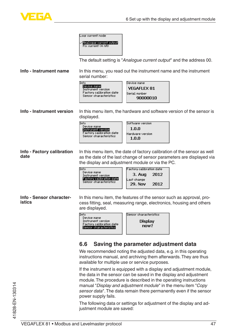 6 saving the parameter adjustment data | VEGA VEGAFLEX 81 Modbus and Levelmaster protocol User Manual | Page 47 / 104