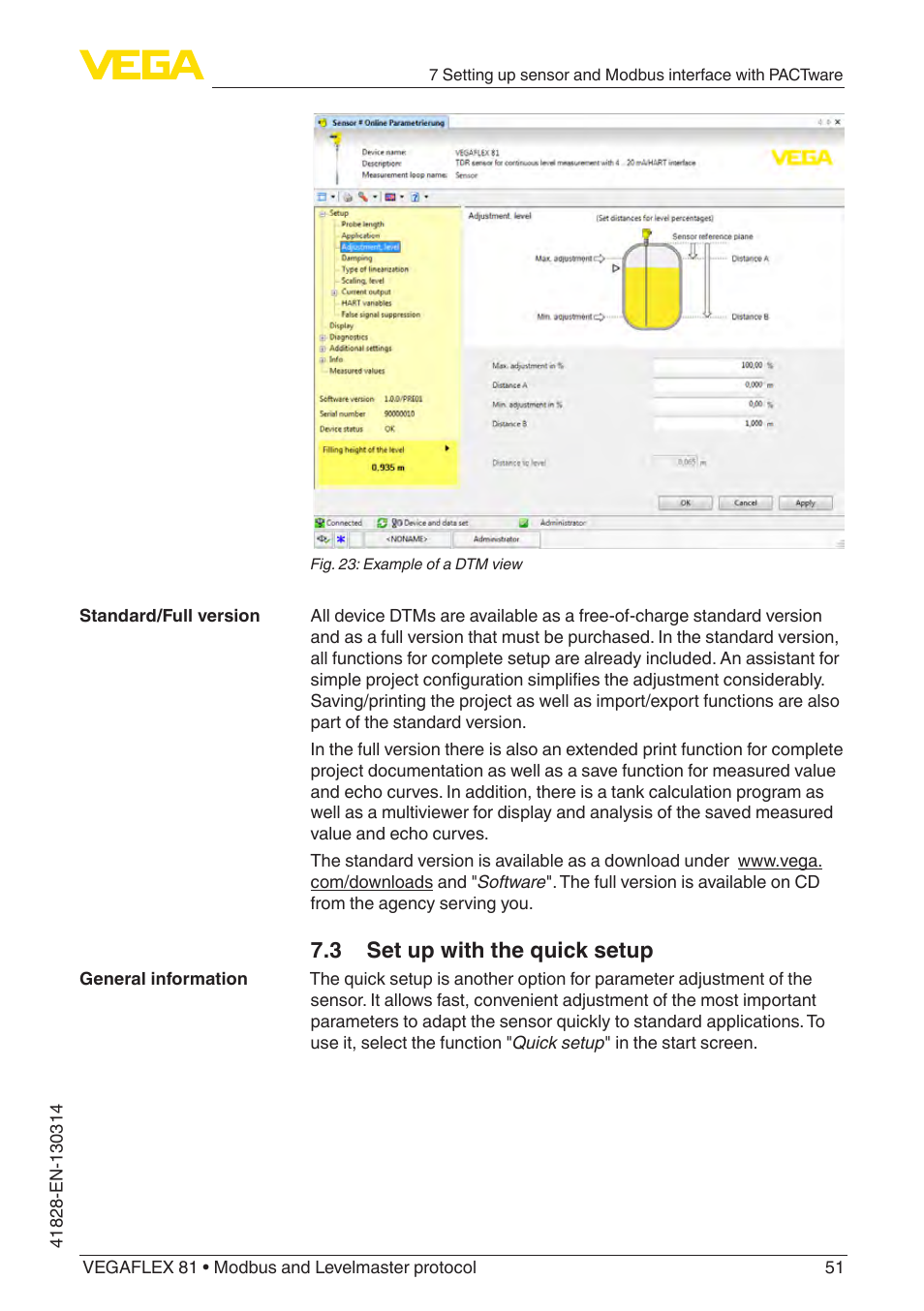 3 set up with the quick setup | VEGA VEGAFLEX 81 Modbus and Levelmaster protocol User Manual | Page 51 / 104