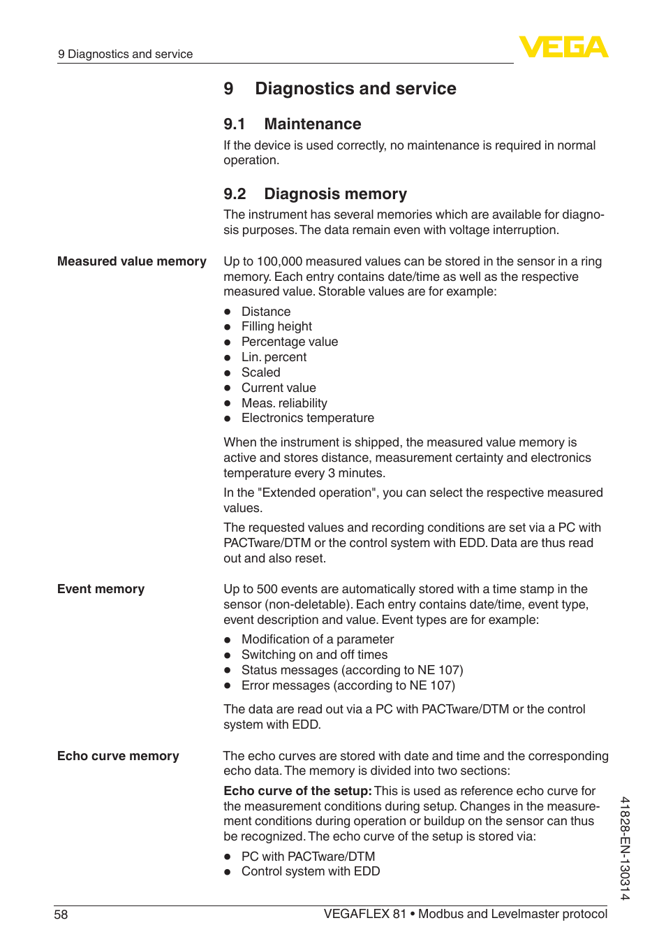 9 diagnostics and service | VEGA VEGAFLEX 81 Modbus and Levelmaster protocol User Manual | Page 58 / 104