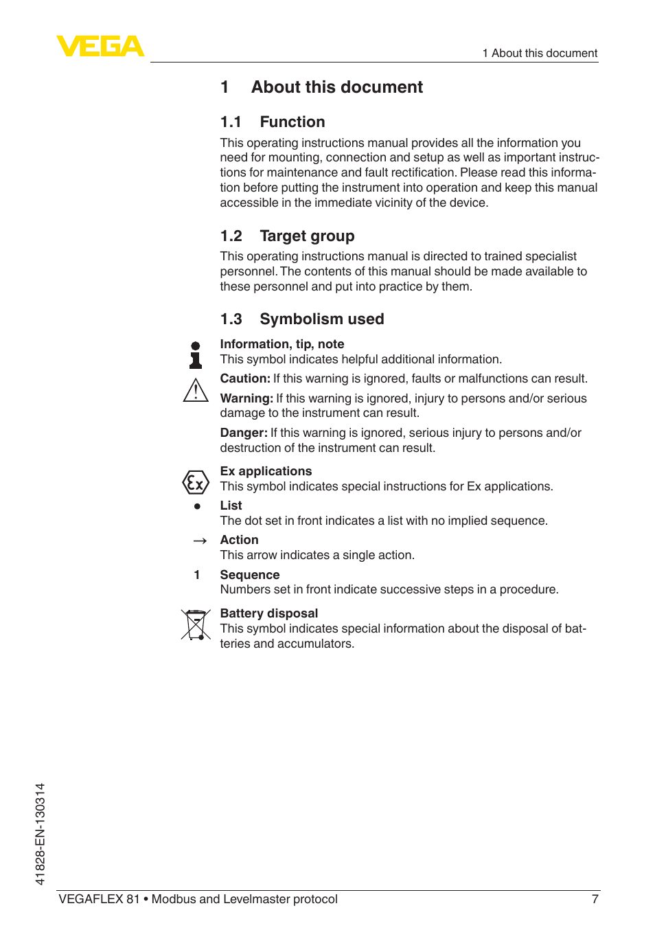 1 about this document | VEGA VEGAFLEX 81 Modbus and Levelmaster protocol User Manual | Page 7 / 104