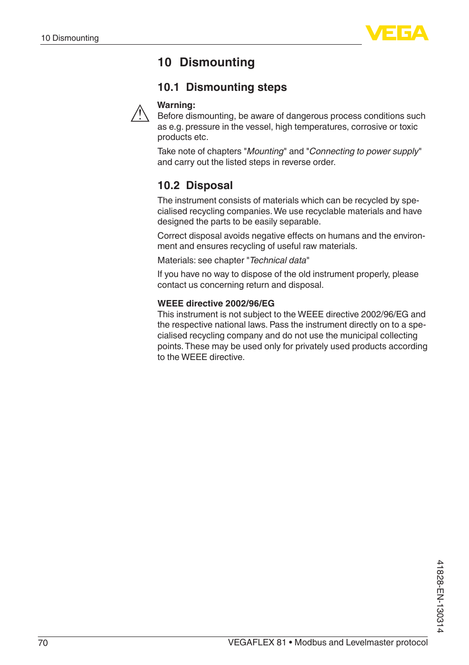 10 dismounting | VEGA VEGAFLEX 81 Modbus and Levelmaster protocol User Manual | Page 70 / 104