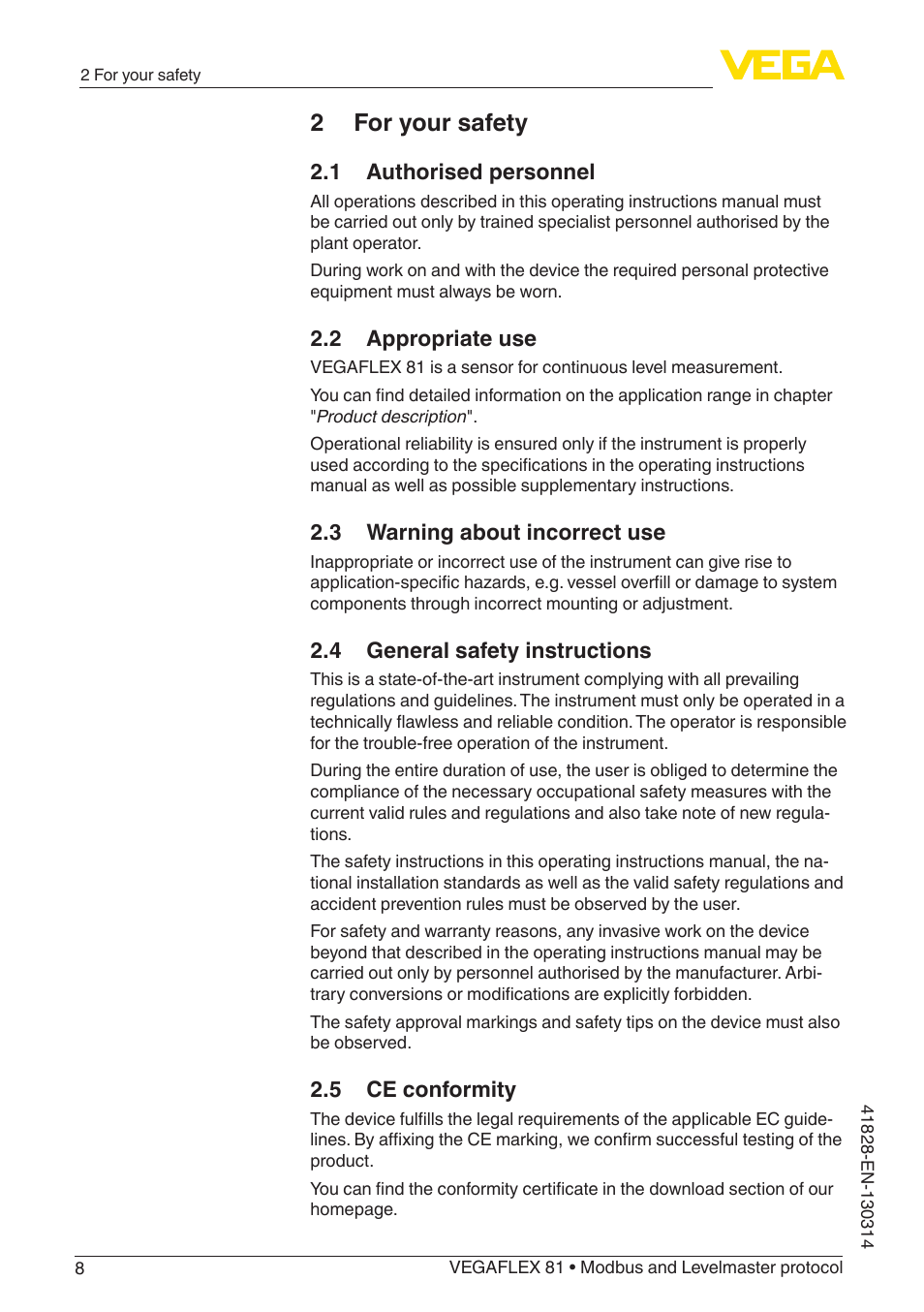 2 for your safety | VEGA VEGAFLEX 81 Modbus and Levelmaster protocol User Manual | Page 8 / 104