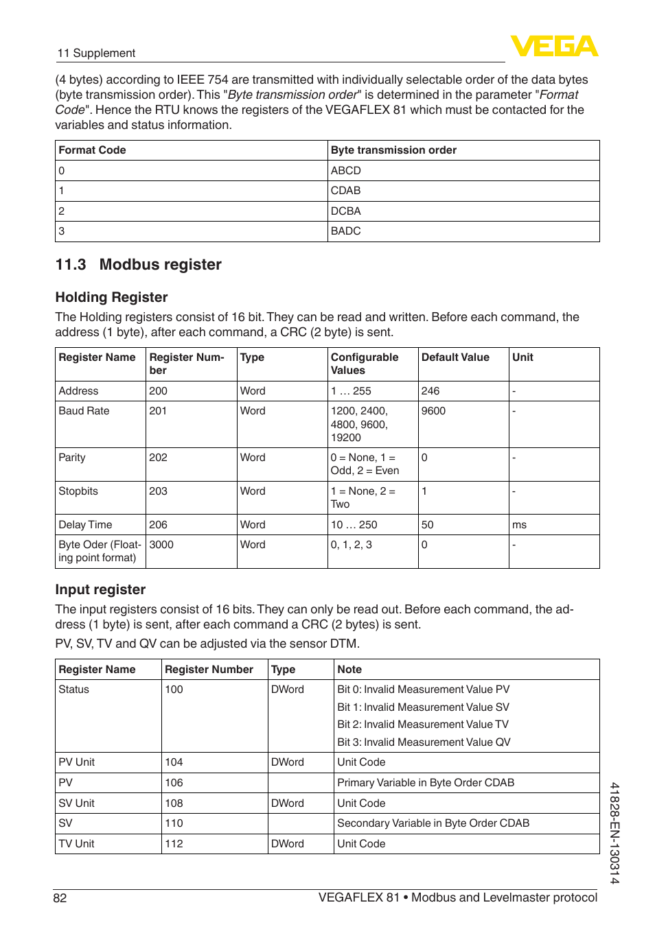 3 modbus register, Holding register, Input register | VEGA VEGAFLEX 81 Modbus and Levelmaster protocol User Manual | Page 82 / 104