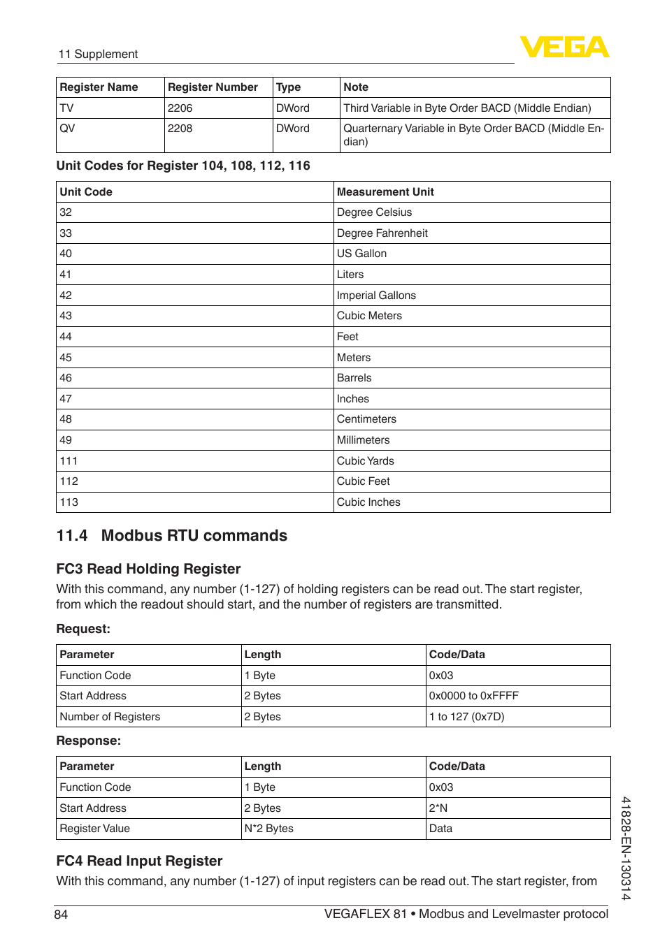 4 modbus rtu commands, Fc3 read holding register, Fc4 read input register | VEGA VEGAFLEX 81 Modbus and Levelmaster protocol User Manual | Page 84 / 104